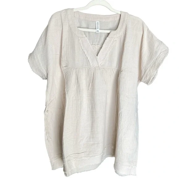 Zenana Gauze Top BONE NEW  gauzy cotton Short Sleeve - Picture 3 of 5